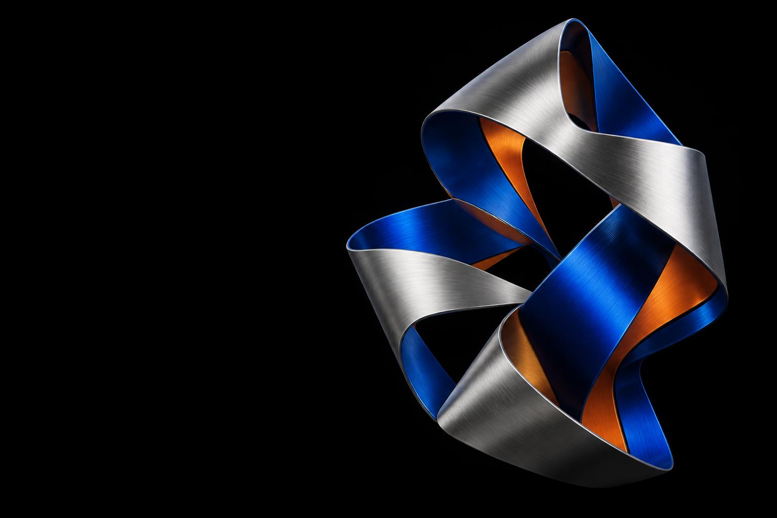Abstract folded sculpture in chrome, electric blue, and coral